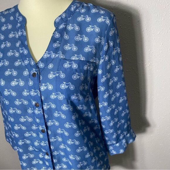 Bongo Bicycle Novelty Button Up Chiffon Blouse Blue & White Women's Size Medium - Picture 11 of 15